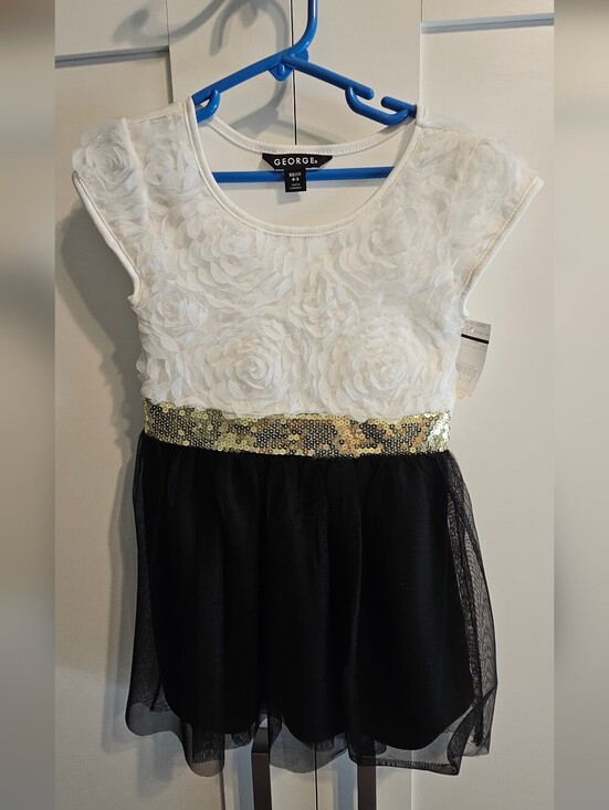 George Other - George White Floral Bodice Dress with Black Skirt and Gold Sequin Waist Xs 4-5